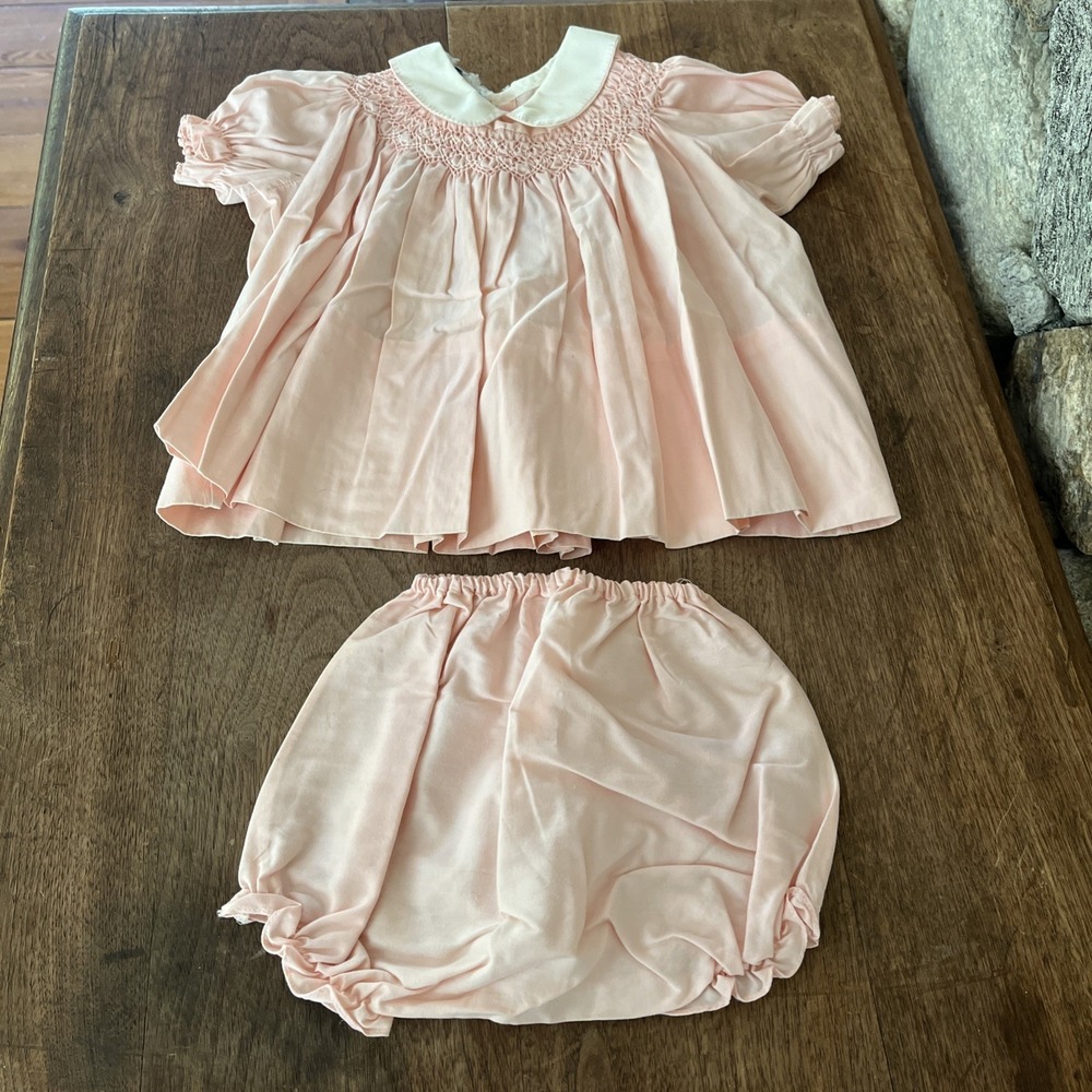 Polly Flinders Hand Smocked Dress Infant 9M Ivory Pink  Vintage W/ Bloomers